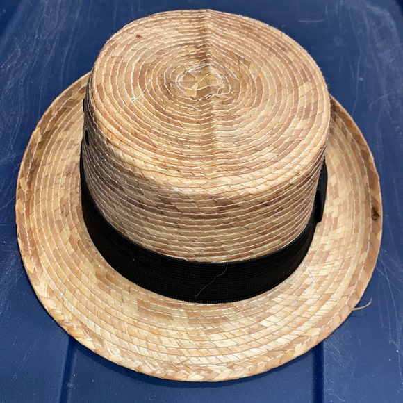 Raffia Baby Fedora Panama Straw Hat black ribbon tan 17” head - Picture 3 of 9